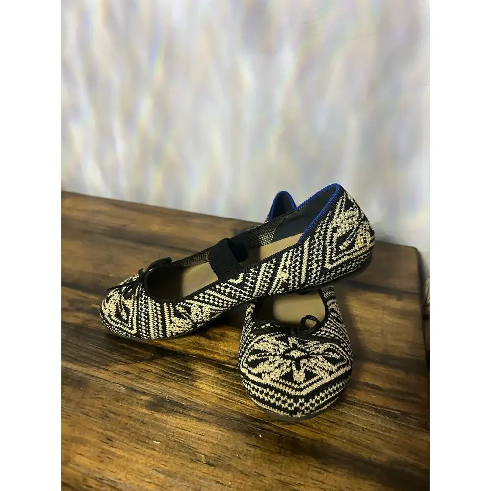 Rothy's Kids Sz 4 Bow Mary Jane Black & Cream Mosaic Pattern Back to School
